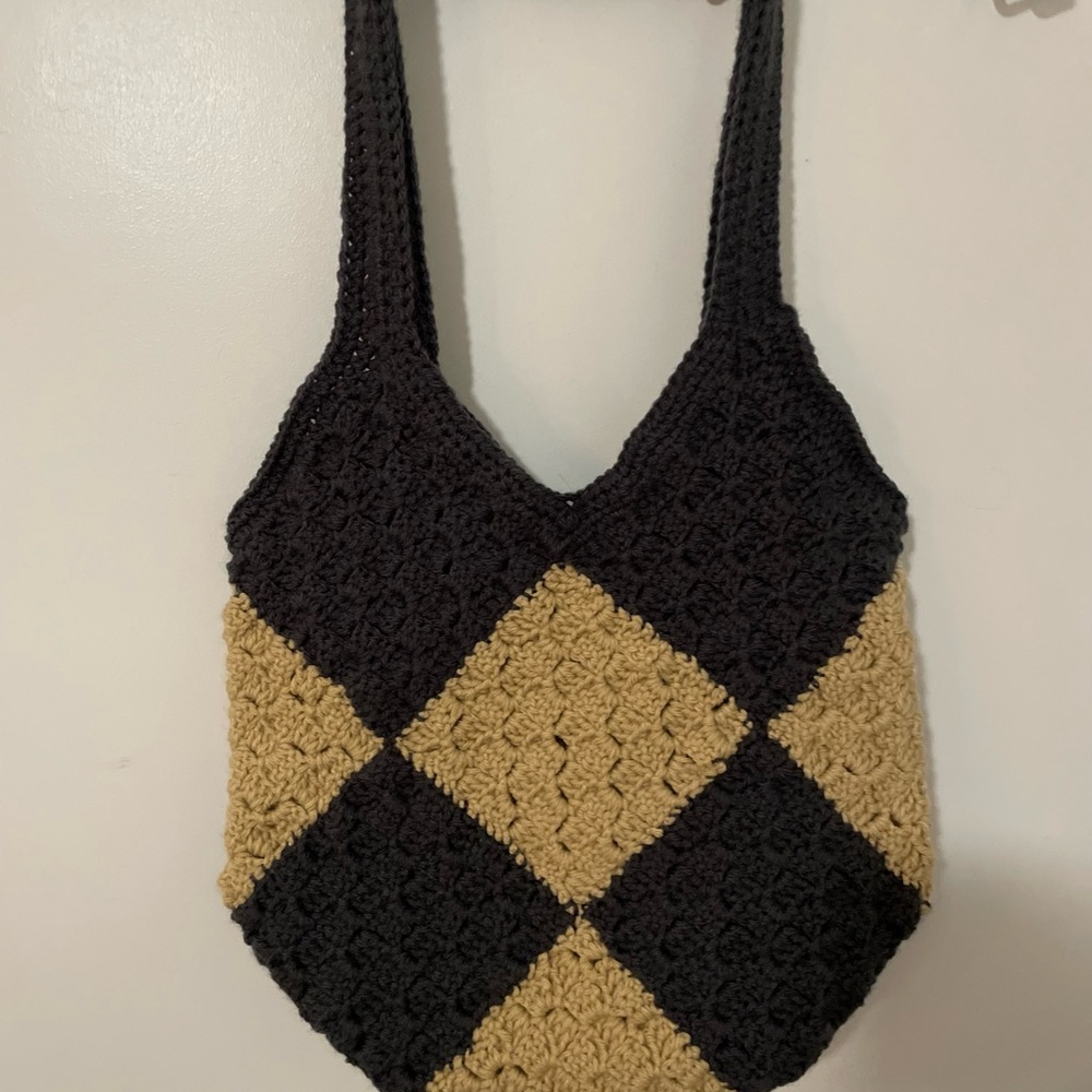 Handcrafted Navy and Tan Checkers  Crochet Tote Bag